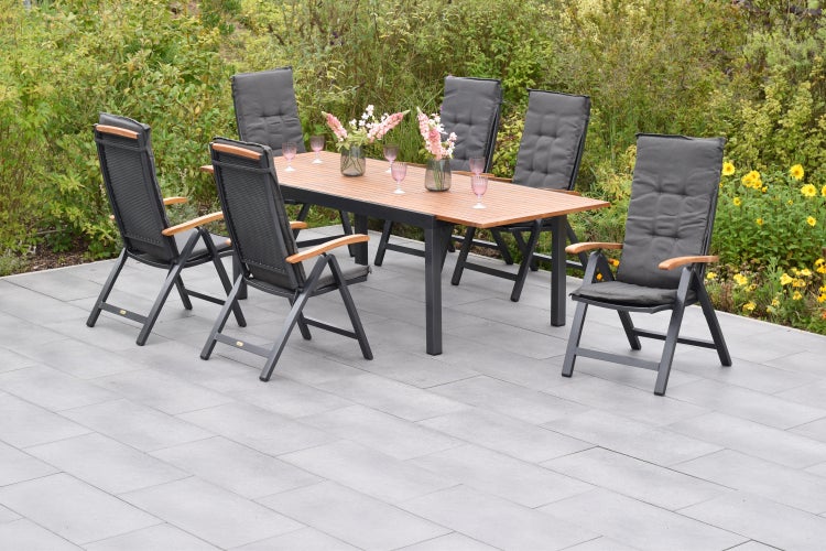 Tilos Gartenmöbelset 13tlg., Klappsessel inkl. Auflagen, Ausziehtisch 180 (250) x 100 cm