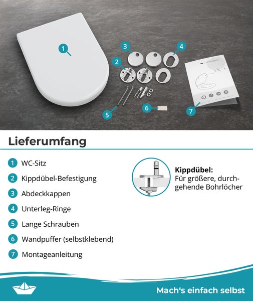 Lieferumfang eines WC Sitzes mit Kippdübel Befestigung, Abdeckkappen, Unterleg Ringen, Schrauben, Wandpuffer und Montageanleitung.