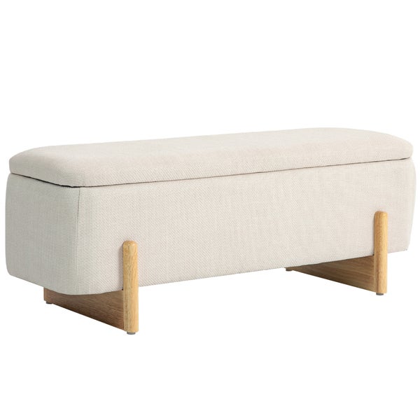 HOMCOM Sitzbank mit Stauraum, Polsterbank mit Leinenoptik, Holzbeine, Bettbank mit Sicherheitsscharniere für Wohnzimmer, Schlafzimmer, Flur, 111 x 44 x 44,5 cm, Creme