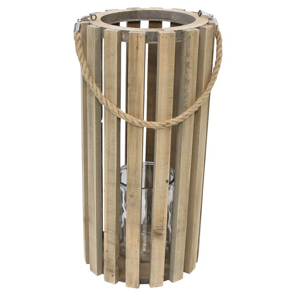 FRANK FLECHTWAREN | Holzlaterne Recycling-Chic, Ø 28 x 58 cm, Glas Ø 15 x 20 cm, HOLZ, GLAS, HANF, METALL