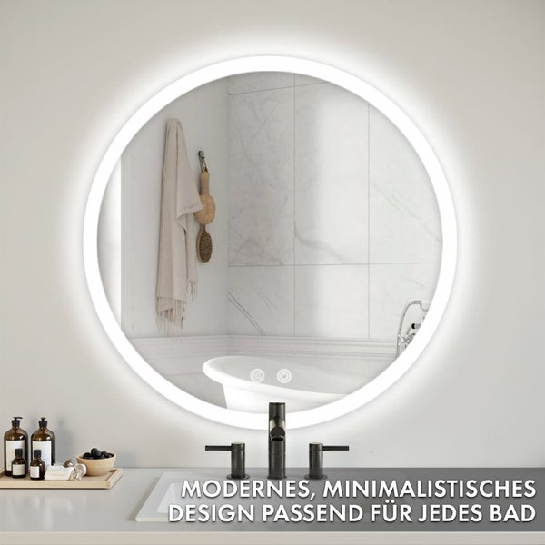 Floordirekt Badspiegel Liora mit LED-Beleuchtung Touch-Bedienung Weiß Ø 60 cm