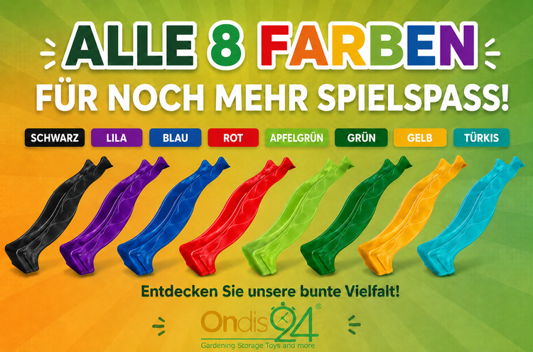 Acht Wellenrutschen in verschiedenen Farben für Kinderspielplätze, Ondis24 Logo.