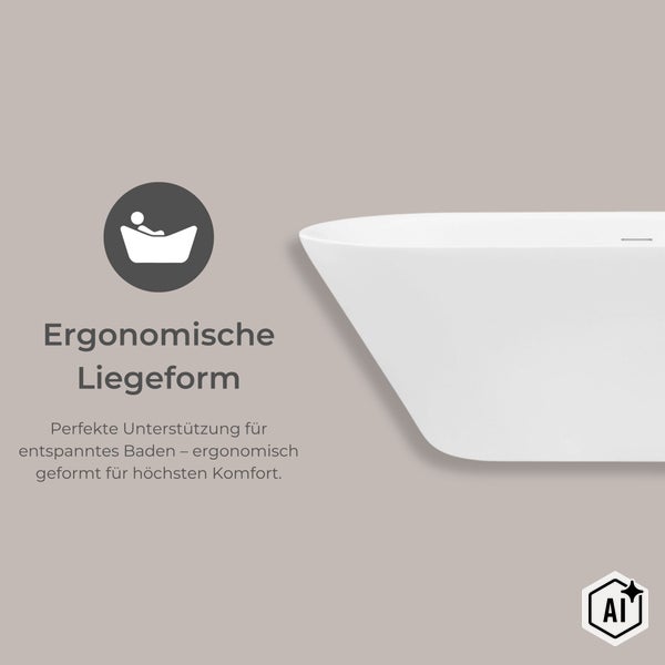 Freistehende Badewanne mit ergonomischer Liegeform für hohen Badekomfort.