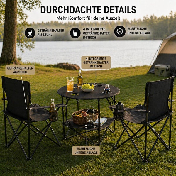 Campingtisch mit vier Getränkehaltern und Ablage sowie zwei Stühle mit integriertem Getränkehalter am Seeufer in einer Wiesenlandschaft.