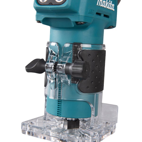 Makita Akku-Kantenfräse mit Tiefeneinstellung und transparenter Grundplatte.