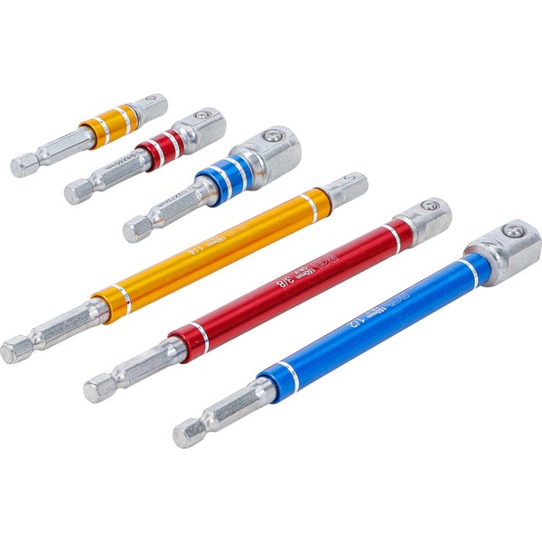 BGS Adapter-Satz für Bohrmaschinen farbig Antrieb Außensechskant 6,3 mm (1/4) Abtrieb Außenvierkant 6,3 mm (1/4) / 10 mm (3/8) / 12,5 mm (1/2) 75 - 150 mm 6tlg. - 74424