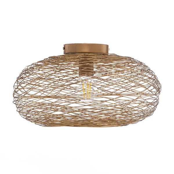 Deckenleuchte aus goldenem Drahtgeflecht, ovale Form, Metall, mit sichtbarem Leuchtmittel.