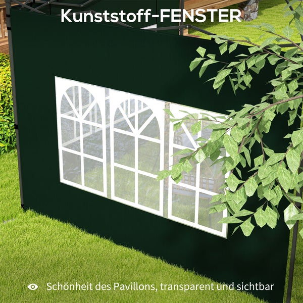 Dunkelgrünes Seitenteil für einen Pavillon mit drei transparenten Kunststofffenstern in Sprossenoptik.