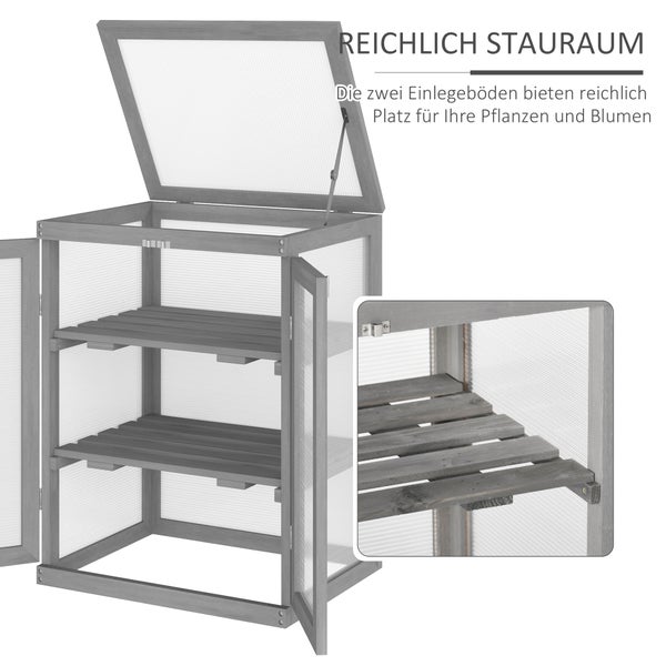 Outsunny 3 Stufen Gewächshaus, wetterfest Treibhaus mit zwei Türen, Frühbeet aus Holz Polycarbonat, Frühbeetkasten bis 15 kg Belastbar (je Einlegeboden) 58 x 44 x 78 cm Dunkelgrau