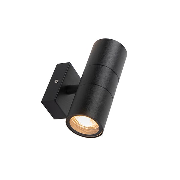 Zylindrische Außenwandleuchte aus schwarzem Metall mit nach unten gerichtetem Lichtstrahl.