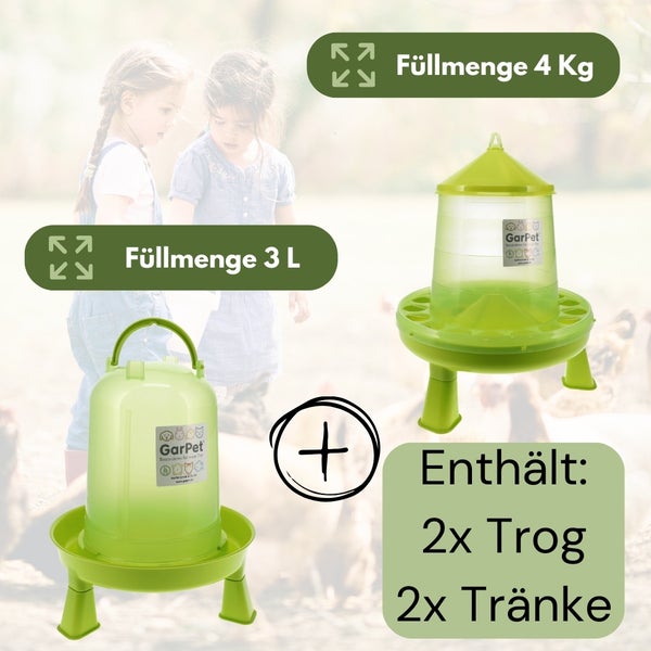 Set mit Futtertrog und Tränke für Hühner, Füllmenge 3 Liter und 4 Kilogramm
