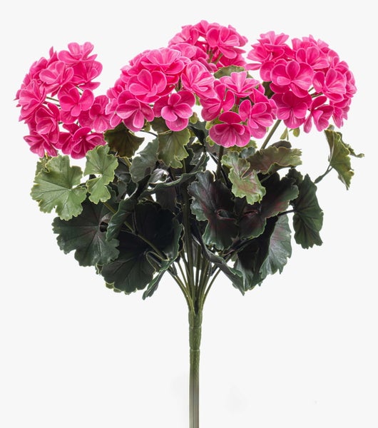 Künstliche Geranie mit pinkfarbenen Blüten und grünen Blättern an einem Stiel.