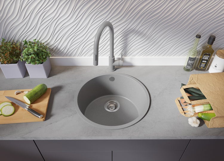 PRIMAGRAN Spülbecken Rund Grau 46x46cm, Granitspüle 1 Becken + Ablauf-Set, Küchenspüle ab 50er Unterschrank - Valletta Slim