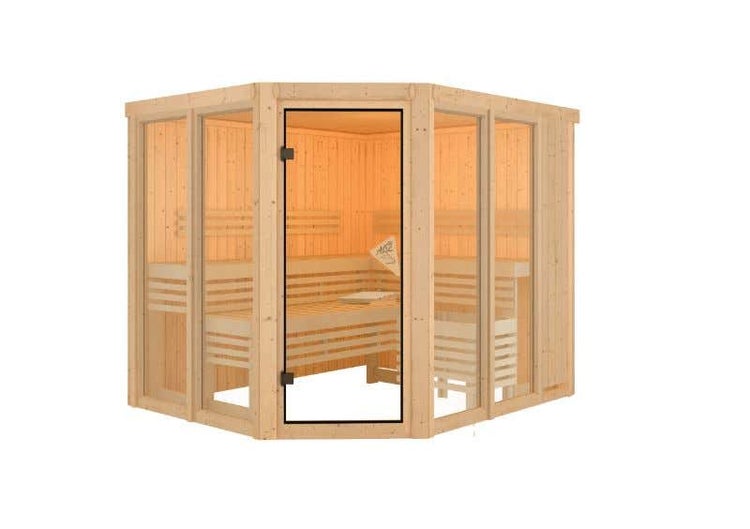 Karibu Innensauna Ainur 3 Innensauna 3 Sitzbänke aus Holz , Saunakabine mit 68 mm Wandstärke, Infrarotsauna mit Montagematerial