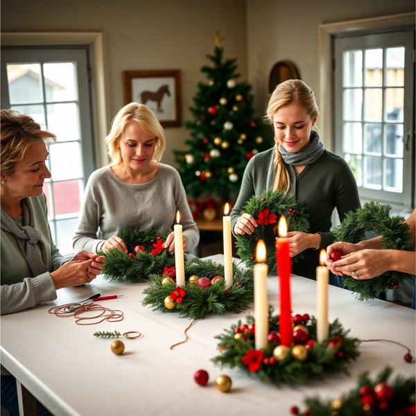 Frauen basteln Adventskränze am Tisch mit Kerzen, Kugeln und Tannengrün