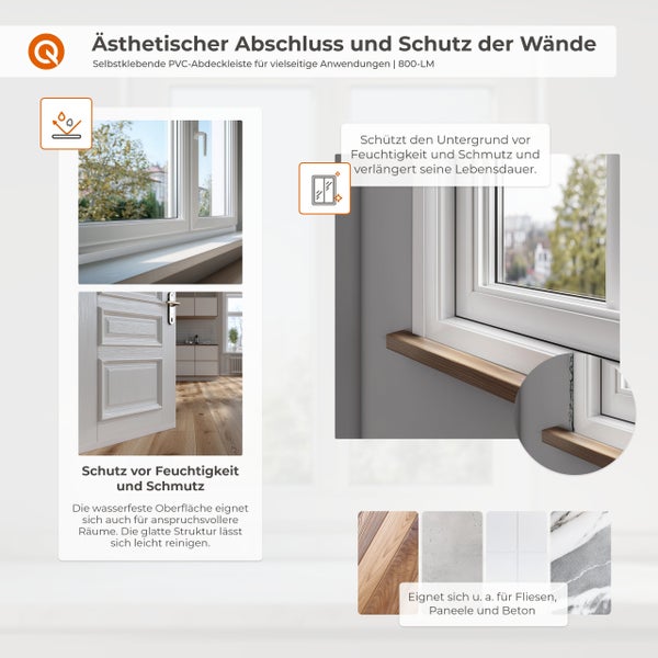Selbstklebende PVC Abdeckleiste als Wandabschluss für Fenster und Türen zum Schutz vor Feuchtigkeit und Schmutz auf verschiedenen Untergründen.