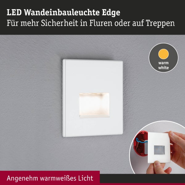 Quadratische LED-Wandeinbauleuchte Edge mit warmweißem Licht für Flure und Treppen inklusive Montageansicht in einer Unterputzdose.