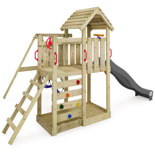 WICKEY Spielturm Klettergerüst MultiFlyer Holzdach mit Schaukel und Rutsche, Kletterturm mit Holzdach, Sandkasten, Leiter und Spiel-Zubehör - anthrazit