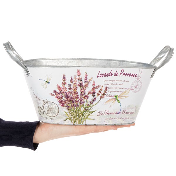 Ovaler Metallpflanztopf mit Henkeln und Lavendel-Motiv sowie Provence-Schriftzug.