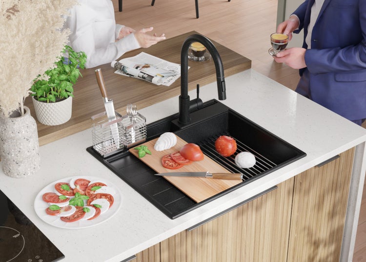PRIMAGRAN Spülbecken Anthrazit 62x53cm, Granitspüle 1 Becken + Ablauf-Set + Küchenzubehörset, Küchenspüle ab 45er Unterschrank - Sydney Pocket