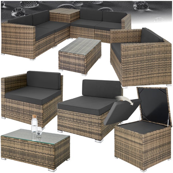Rattan Lounge tectake Pisa inklusive großer Aufbewahrungsbox für 5 Personen natur