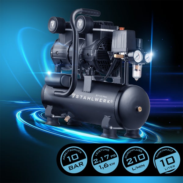 Schwarzer Stahlwerk Kolbenkompressor mit 10 Liter Tankvolumen