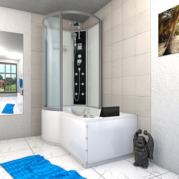 Moderne Dampfduschkabine mit Whirlpool-Badewanne in einem hellen Badezimmer mit hellen Fliesen und Marmorboden.