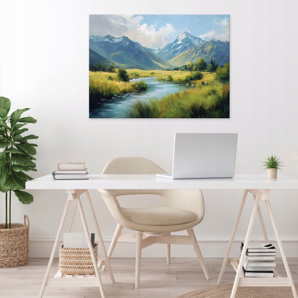 Gemälde einer Flusslandschaft mit Bergen im Arbeitszimmer