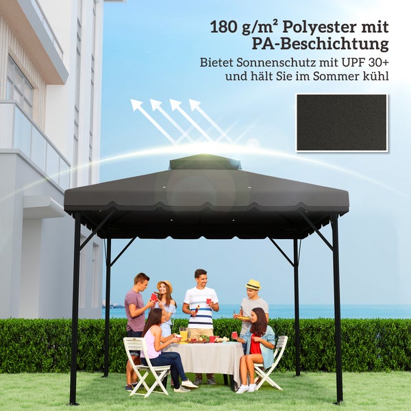 Schwarzer Gartenpavillon aus Polyester mit UV-Schutz UPF 30 plus. Szene mit einer Gruppe von Personen an einem Tisch im Garten am Meer.