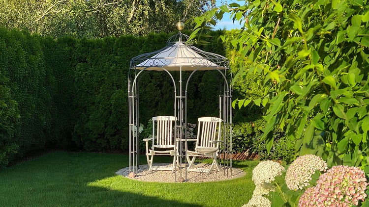 Pavillon ELEO Siena Ø 2,1 m anthrazit - pulverbeschichtet | mit Dekorkugel und Sonnensegel ecru