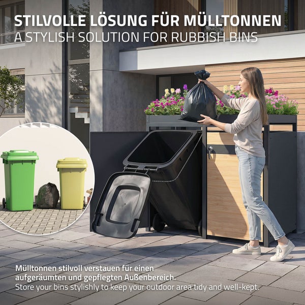 Moderne Mülltonnenbox mit integriertem Pflanzdach und Paneelen in Holzoptik. Eine Person befüllt eine gekippte schwarze Mülltonne in der Box.
