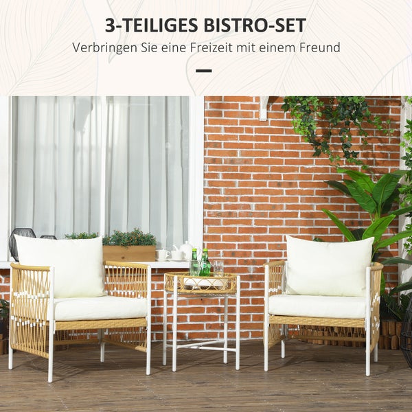 Outsunny 3er Set Rattan Gartenmöbel-Set, Gartengarnitur mit 2 Gartenstühle, Couchtisch, Balkonmöbel-Set mit Kissen, für Balkon, Terrasse, Gelb+Creme
