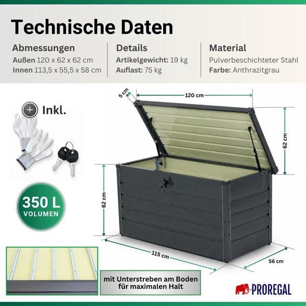 Technische Daten der Proregal Gartenbox aus pulverbeschichtetem Stahl mit 350 Liter Volumen, Maßen 120 mal 62 mal 62 Zentimeter und Proregal Logo.