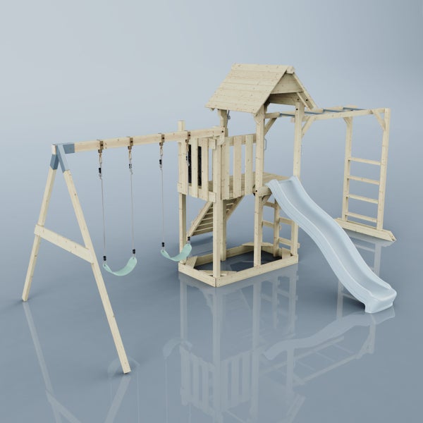 Spielplatz mit Schaukel, Rutsche und Klettergerüst aus Holz