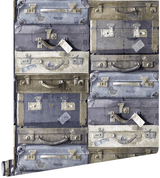 ESTAhome Tapete Vintage Koffer Blau und Braun - 53 cm x 10.05 m - 138215