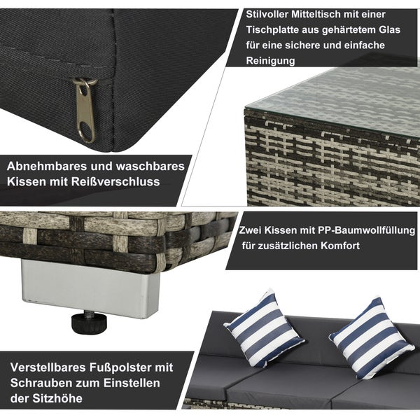 Outsunny 5-tlg. Polyrattan Gartenmöbel Set Gartengarnitur Garten-Set Sitzgruppe Loungeset Loungemöbel mit Beistelltisch Kissen Grau
