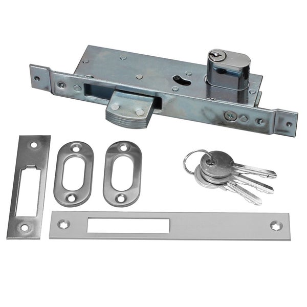 Einsteckschloss-Set für Schiebetüren aus Metall mit Schließzylinder, drei Schlüsseln, Schließblechen und ovalen Rosetten.