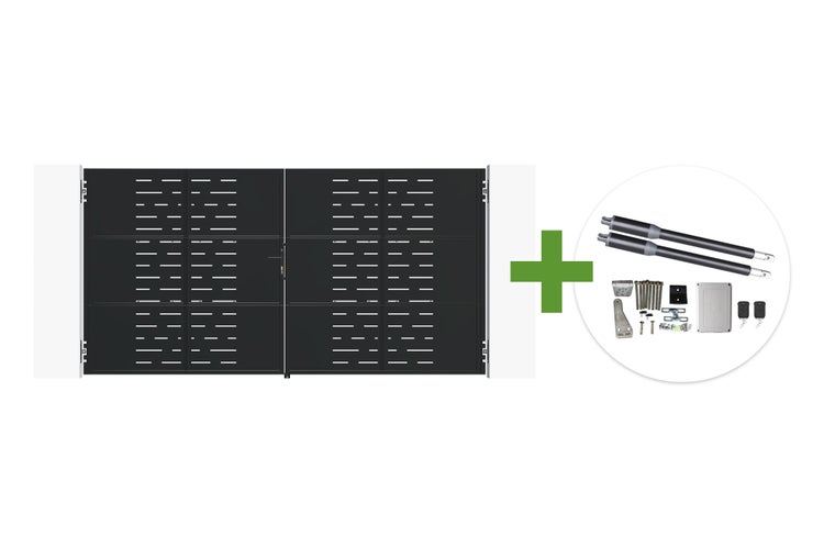 Doppelflügeltor mit modernem Design inklusive elektrischem Drehtorantrieb und Montagezubehör