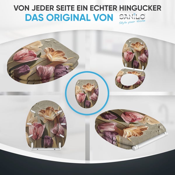 Sanilo WC-Sitz mit Tulpen Motiv in verschiedenen Ansichten gezeigt Sanilo Logo