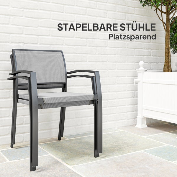 Outsunny Sitzgruppe 3 tlg. Essgruppe für 2 Personen Esstisch mit 2 Stapelbare Stühle, Bistroset Esszimmergruppe Küchentisch-Set mit Stahlgestell Balkonmöbel Gartenmöbel für Terrasse, Balkon Grau