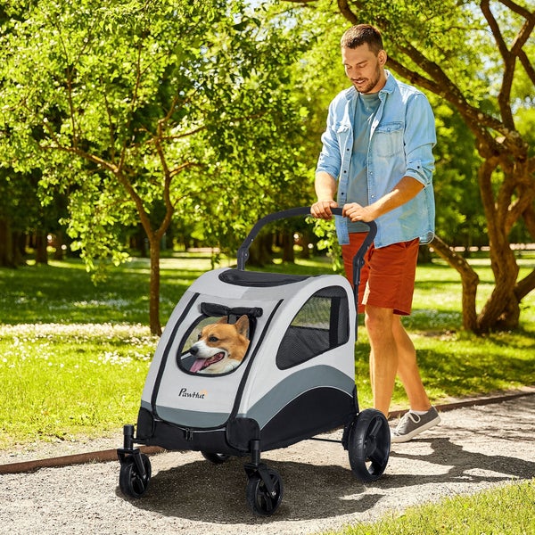 PawHut Hundewagen Hundetrolley Hundebuggy Pet Stroller mit 4 Rädern Katzenbuggy für kleine und mittelgroße Hunde Katzen Netzfenster Seitentasche faltbar Oxfordstoff Grau+Schwarz 107 x 67 x 102 cm