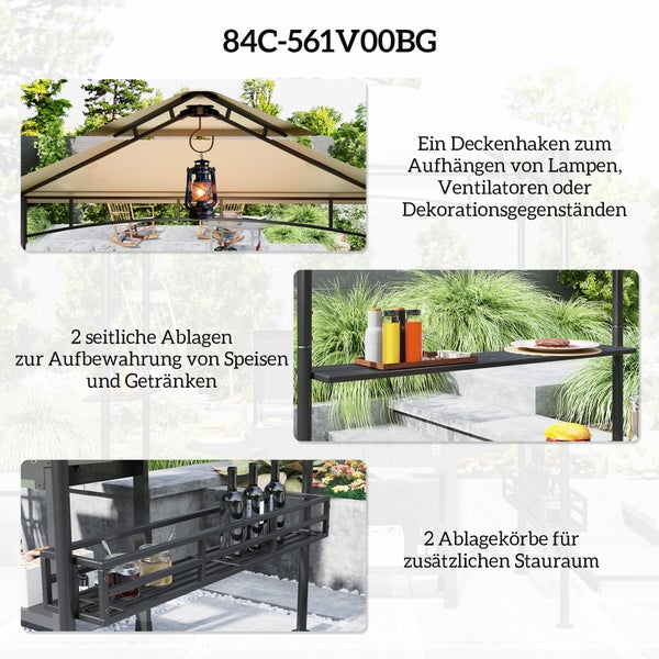 Outsunny Grillpavillon 240 x 150 x 257 cm wasserdicht flammhemmend Gartenpavillon mit Doppeldach, Seitenregalen, Gartenlauben mit UV-Schutz, BBQ Pavillon aus Stahl, Grillzelt für Party BBQ, Beige