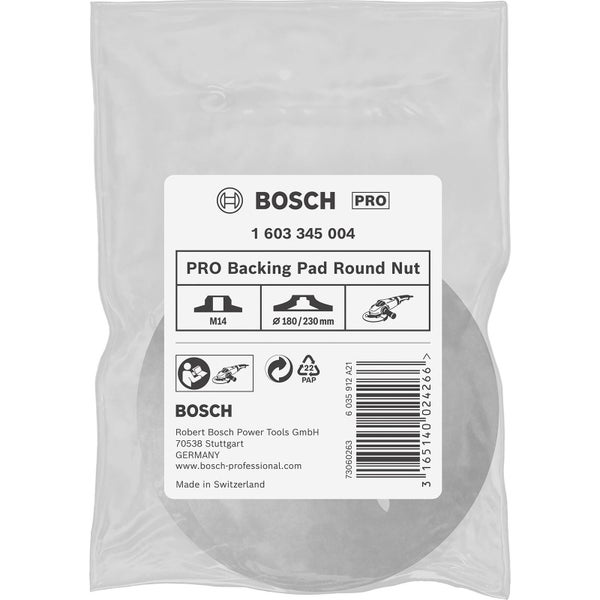 Bosch Professional Schleifteller mit runder Mutter, M14 Gewinde und 180/230 Millimeter Durchmesser in Verpackung.