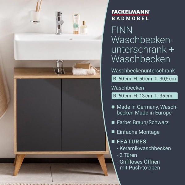 FACKELMANN FINN Badmöbel Set 2 Teile / Waschbecken / Waschbeckenunterschrank mit 2 Türen / Badschrank mit Push-to-Open / Korpus & Front: Schwarz / Rahmendekor & Füße: Braun hell / Breite: 60 cm