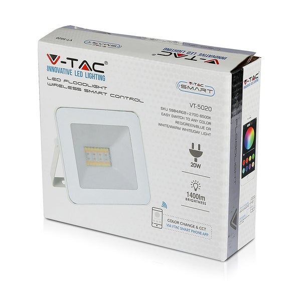 Verpackung eines V-TAC Smart LED Fluters, 20 Watt, 1400 Lumen, mit Farbwechsel, einstellbarem Weißlicht und Steuerung per Smartphone App.