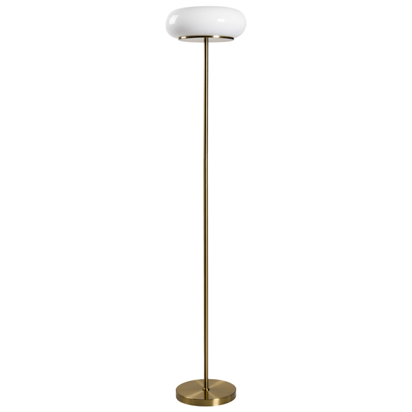 Moderne Stehlampe mit rundem Lampenschirm aus Glas und Metallgestell in Messingoptik für Wohnzimmer