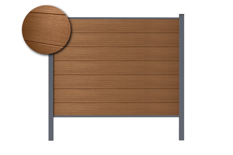 Sichtschutzzaun mit horizontalen Lamellen in Holzoptik und grauem Rahmen sowie einer Detailaufnahme der Maserung.