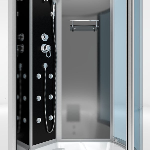 Moderne Duschwannen-Kombination mit Glasduschkabine, schwarzer Rückwand und Massagedüsen in einem hellen Badezimmer.