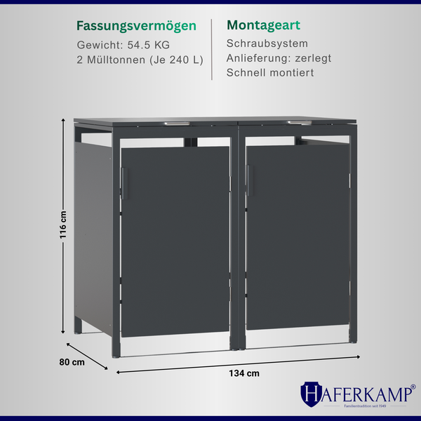 Haferkamp Mülltonnenbox für 2 Tonnen je 240 Liter, Maße: 116x134x80 cm, Gewicht 54,5 kg, Schraubsystem zur schnellen Montage.