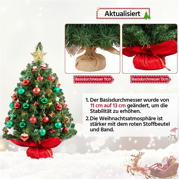 Dekorierter Weihnachtsbaum mit rotem Stoffbeutel